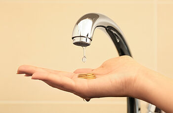 Wasserverbrauch 2 Personen: Wasser tropft aus dem Wasserhahn auf eine Handinnenfläche, in der Münzen liegen.